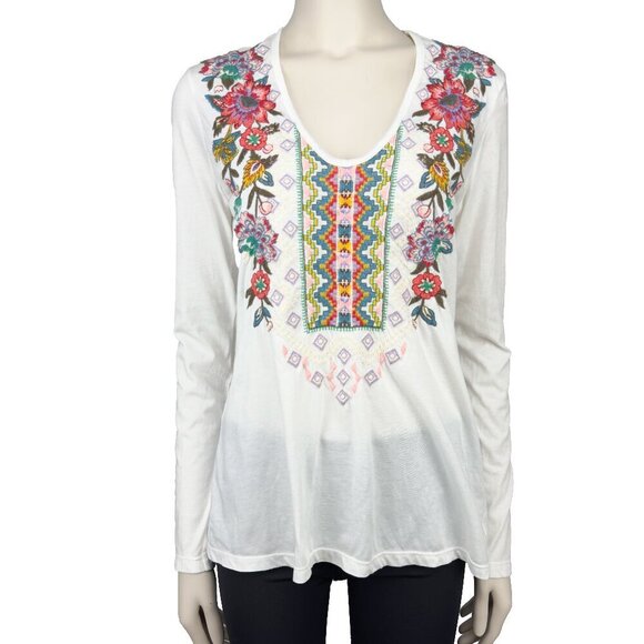 JOHNNY WAS White Embroided Colorful Red Blue Pink Floral Patterns T-shirt Top S - Picture 2 of 5